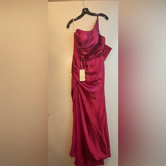 Satin One Shoulder Dress Long with Slit Ruched Mermaid Formal Evening Event Gown - Picture 3 of 10